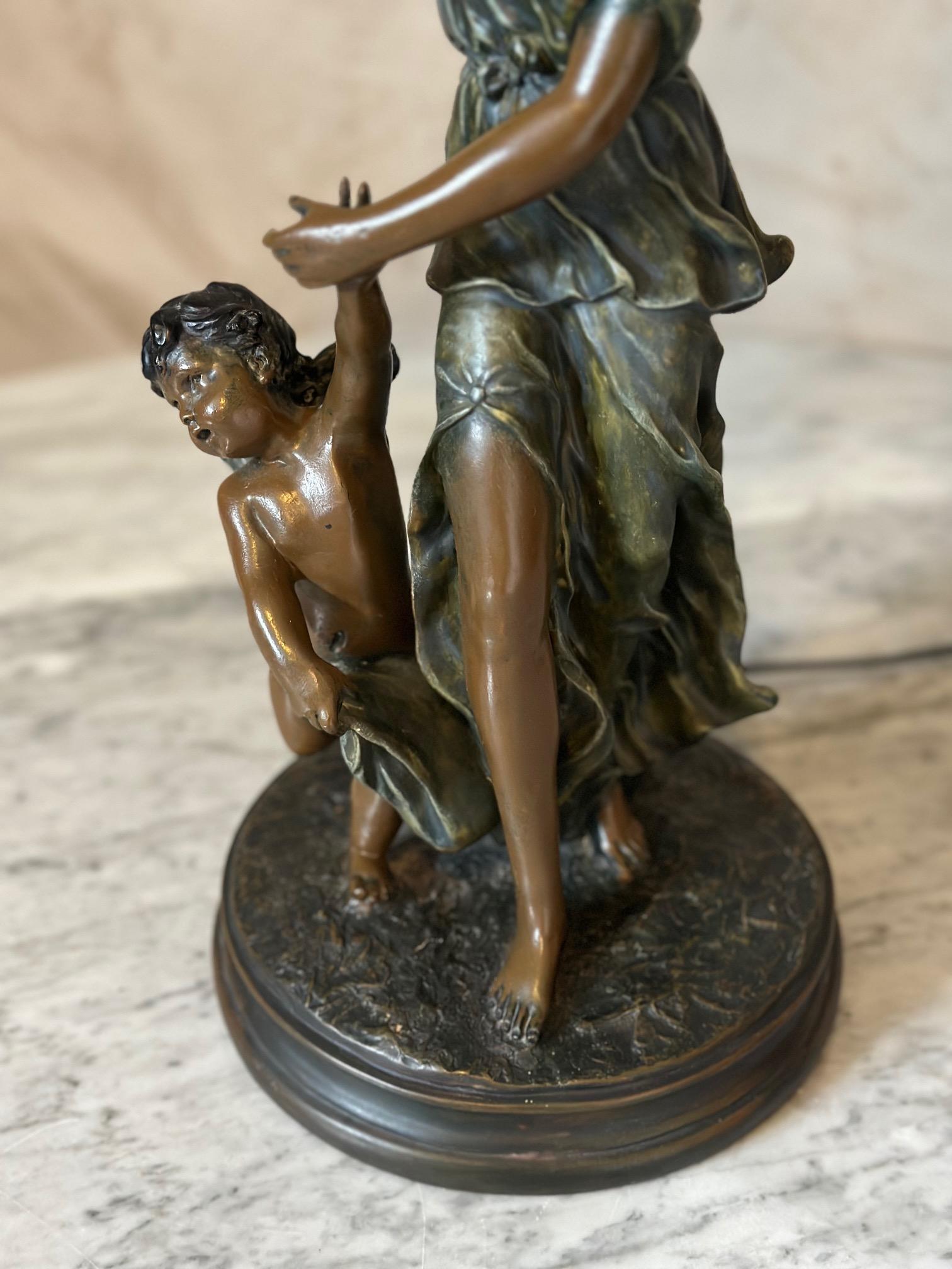 20th century French Spelter and Painted Glass Large Lamp 2