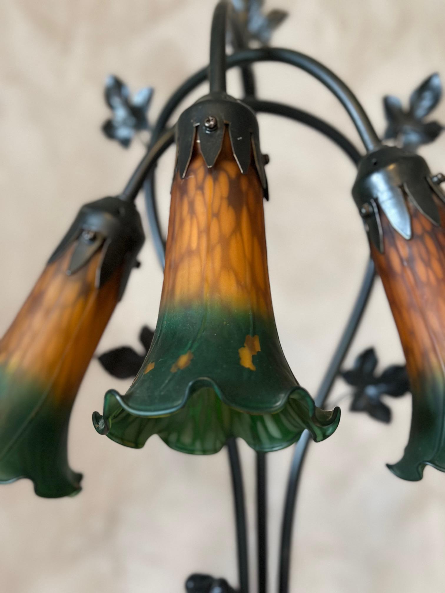 20th century French Spelter and Painted Glass Large Lamp 3
