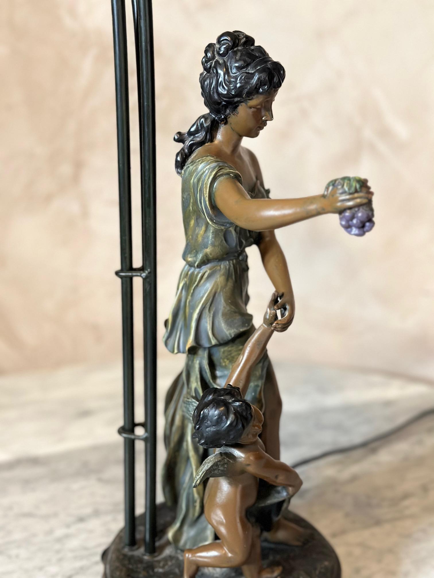 20th century French Spelter and Painted Glass Large Lamp 4
