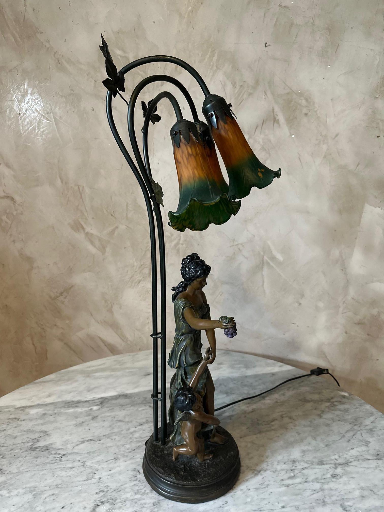 20th century French Spelter and Painted Glass Large Lamp 5