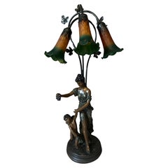 Vintage 20th century French Spelter and Painted Glass Large Lamp
