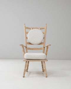 20th Century French Spindle-Back Oak Armchair with Bouclé Cushions