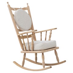 20th Century French Spindle-Back Oak Rocking Chair with Bouclé Cushions 20th Century French Spindle-Back Oak Rocking Chair with Bouclé Cushions