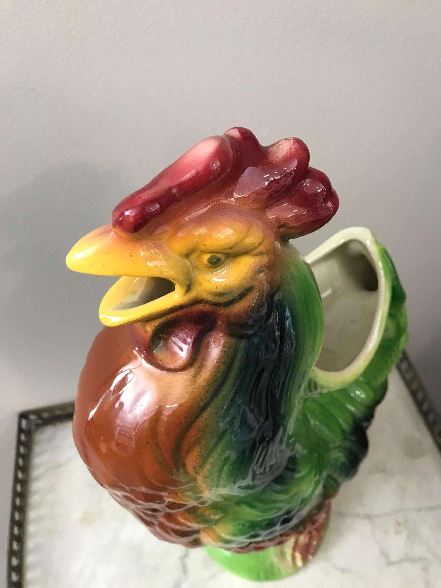 Faience 20th Century French St Clément Barbotine Rooster Pitcher