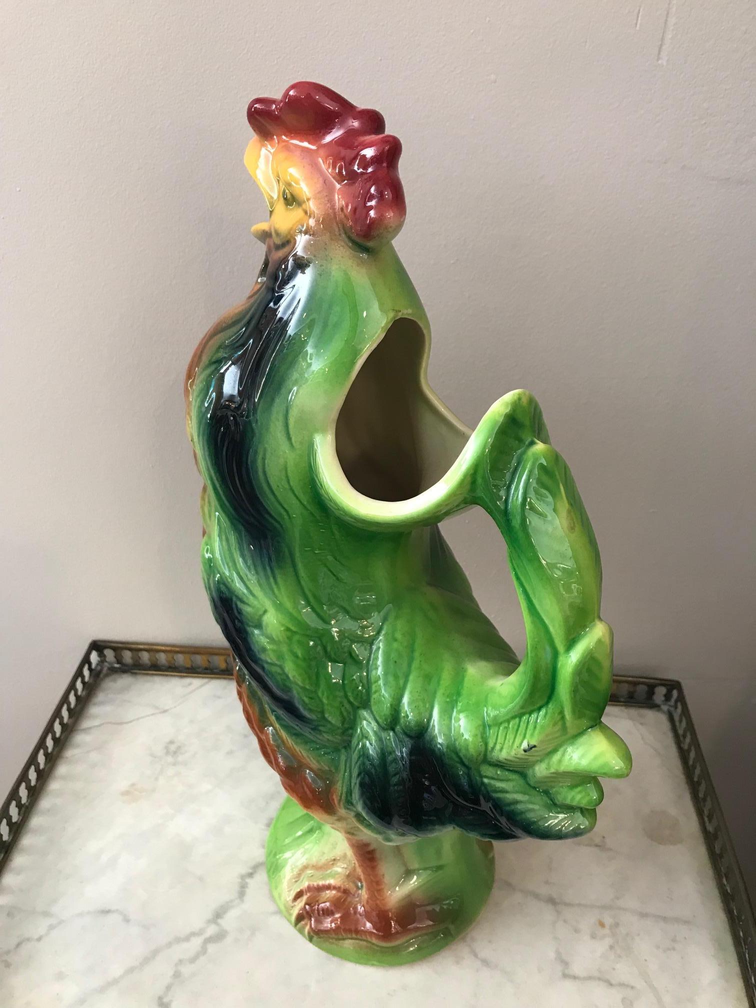 20th Century French St Clément Barbotine Rooster Pitcher 1
