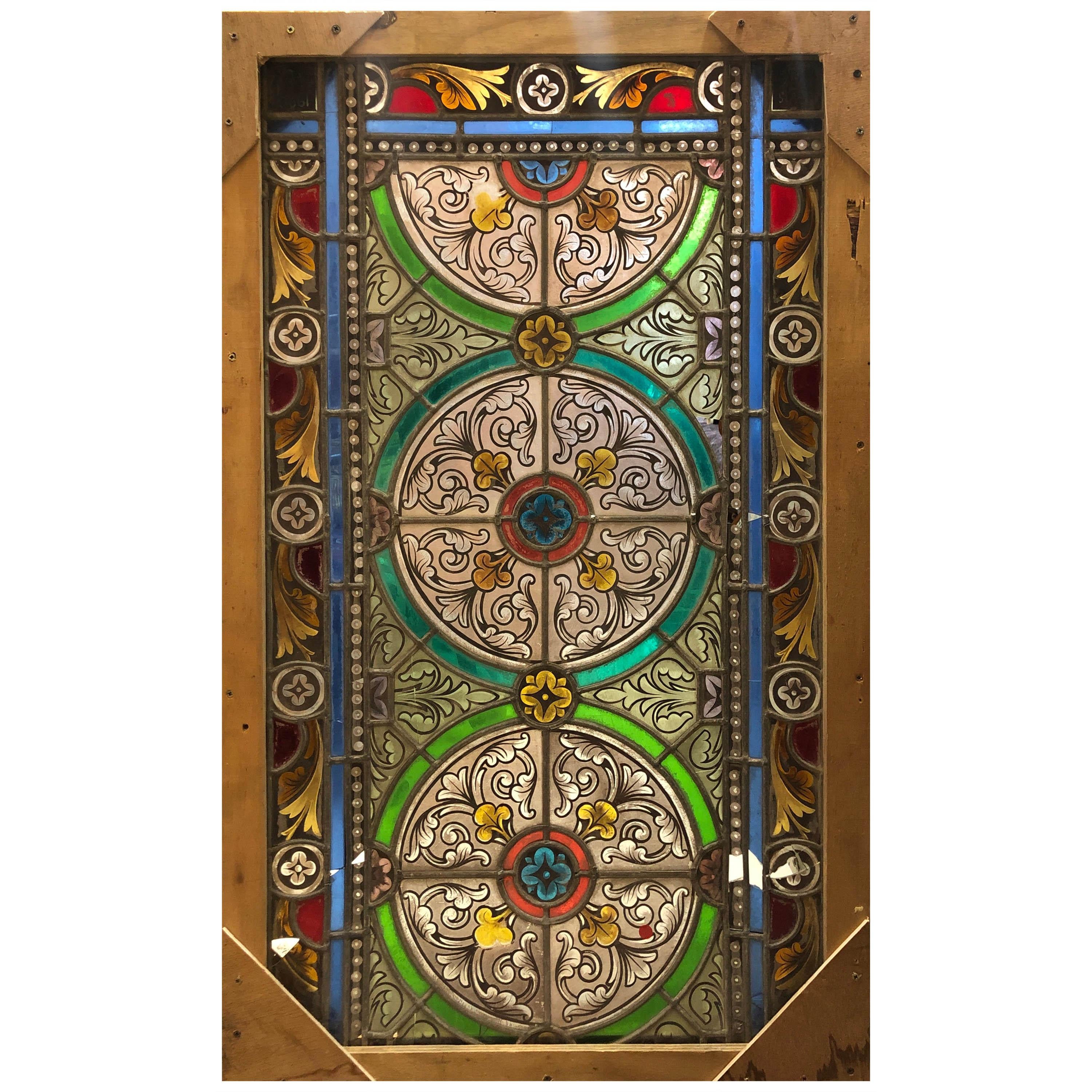 20th Century French Stained Glass Window with Floral Decoration Signed and Dated