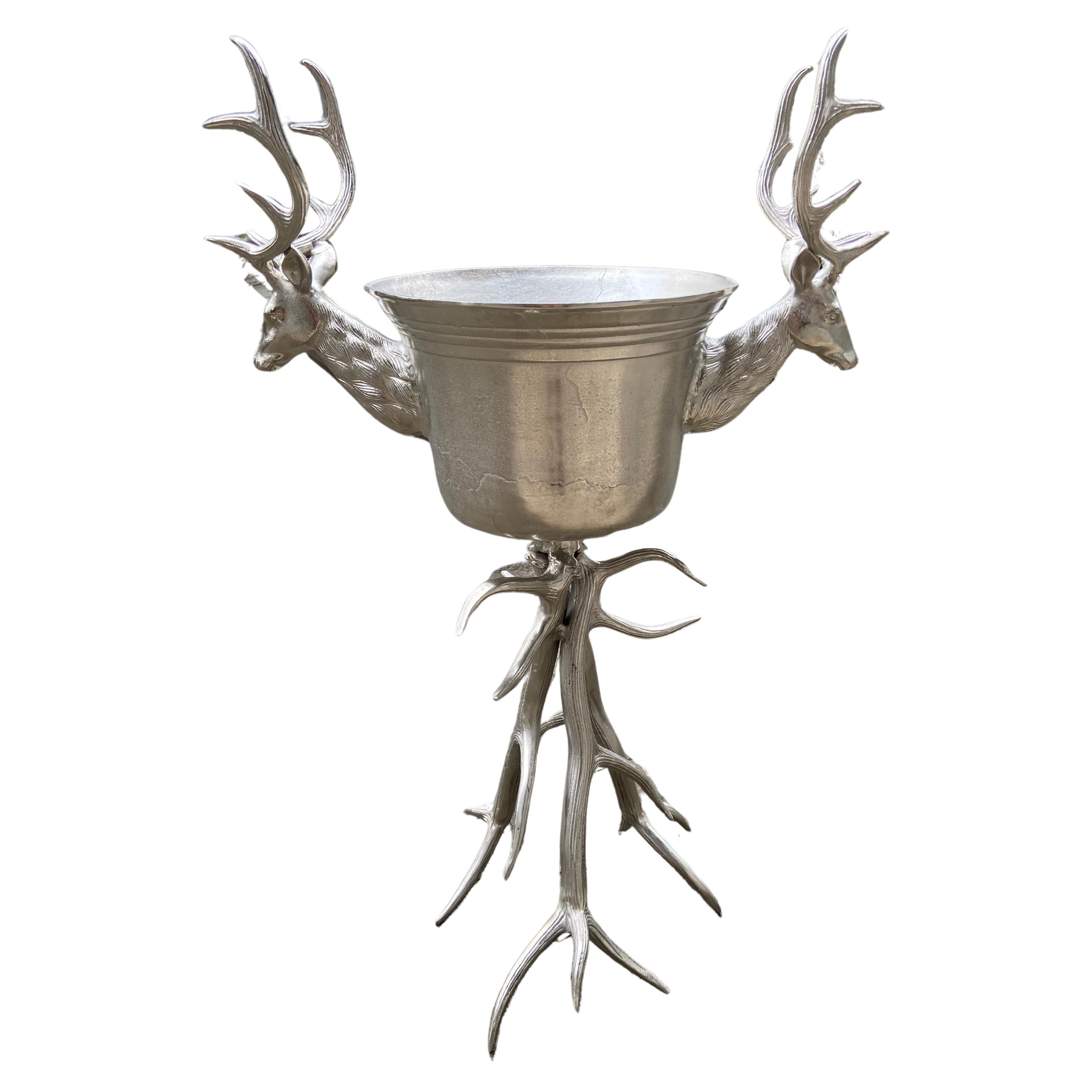 20th Century French Standing Metal Wine Cooler Decorated with Deer Antlers For Sale