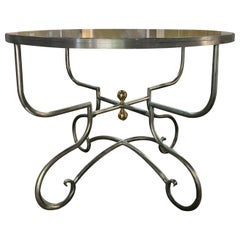 20th Century French Steel and Brass Round Breakfast Table with Inset Glass Top