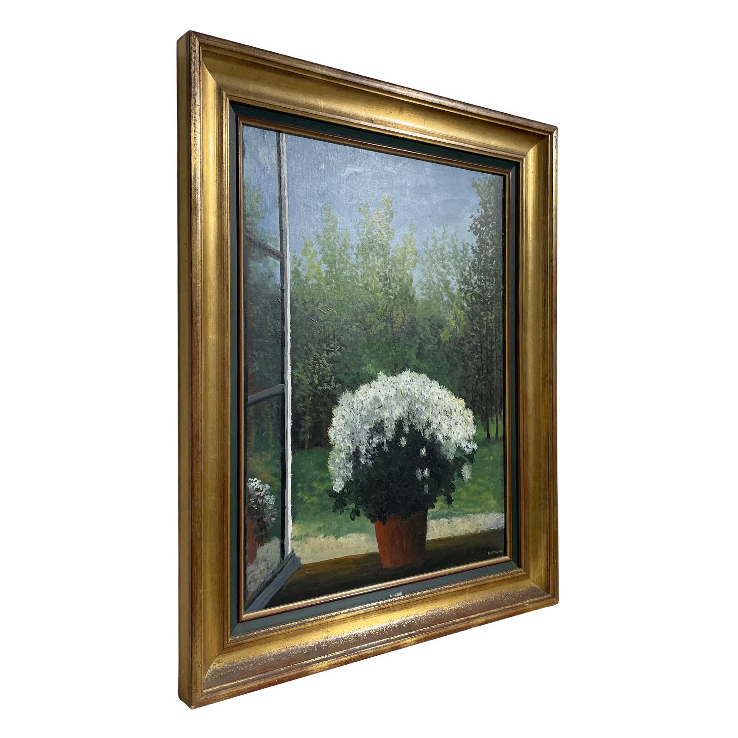 A white-green, vintage French still life oil on canvas painting by Michel De Saint-Alban in a hand crafted, original gilded wood frame, in good condition. The colorful painting depicts dandelions in a red flower pot on a wood railing on a sunny day