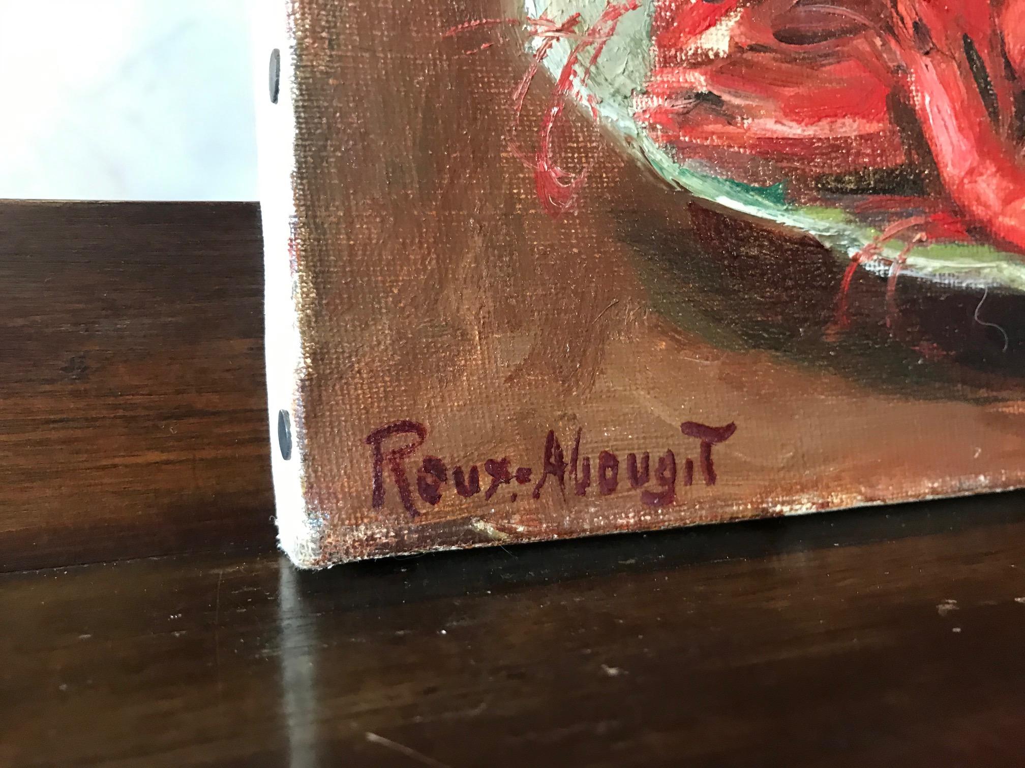 Sehr schönes französisches Stillleben des 20. Jahrhunderts in Öl auf Leinwand Signiert roux abougit aus den 1930er Jahren.
Roux-abougit ist ein französischer Maler aus Lyon (Südostfrankreich).
Dieses Bild zeigt einen Teller mit Garnelen, eine