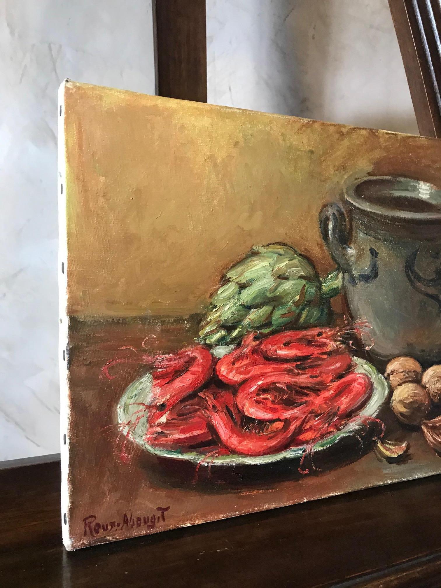 Oiled 20th Century French Still-Life Oil on Canvas Signed Roux-Abougit, 1930s For Sale