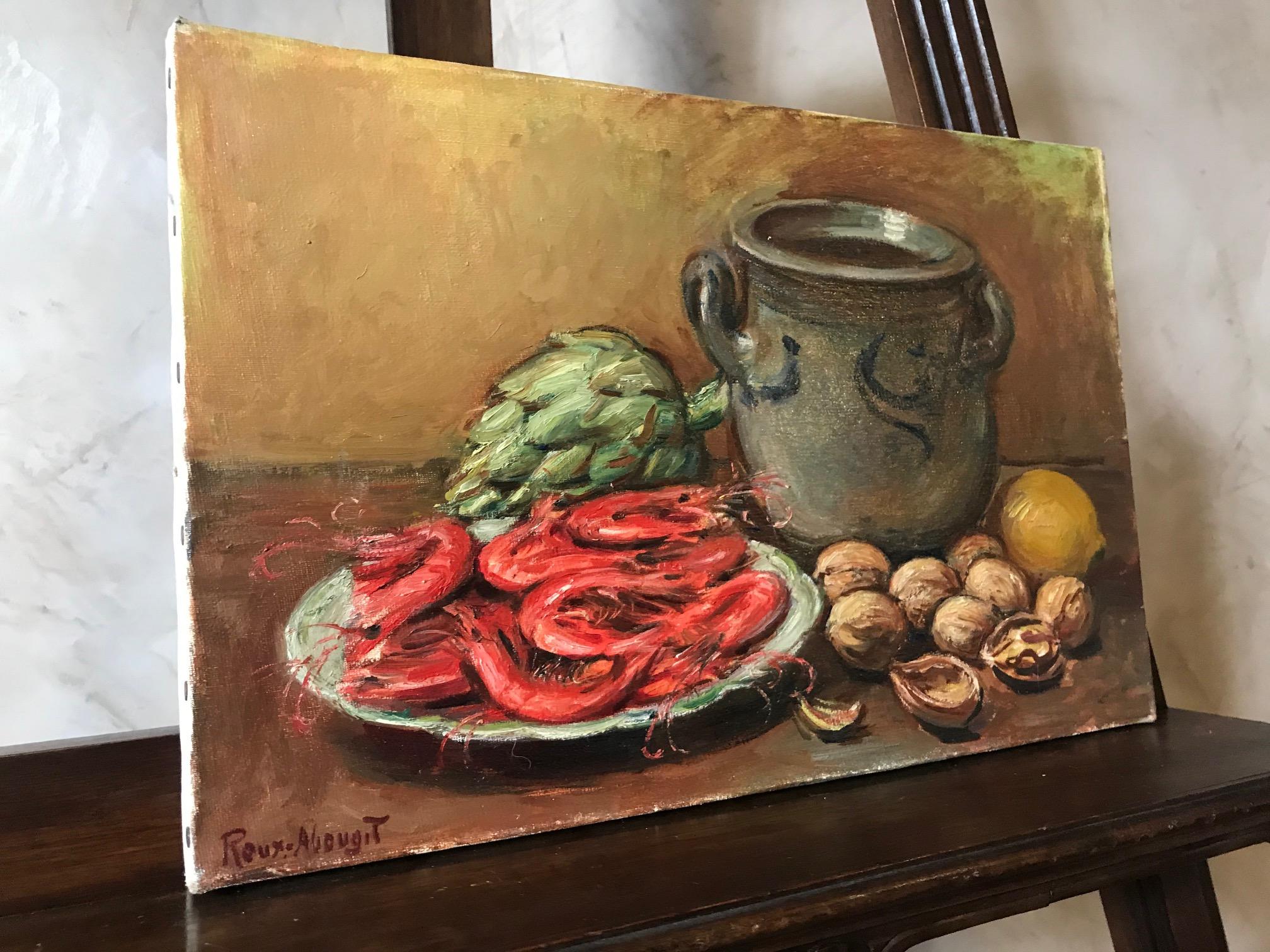 20th Century French Still-Life Oil on Canvas Signed Roux-Abougit, 1930s In Good Condition For Sale In LEGNY, FR