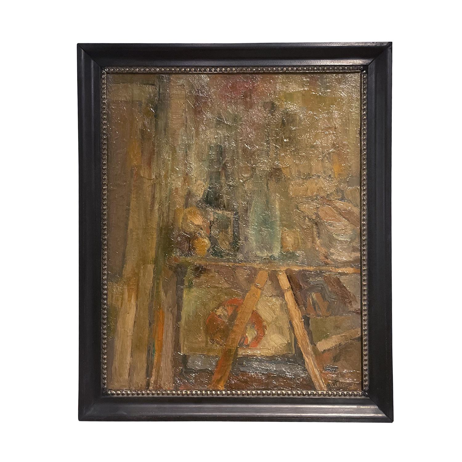 A beige-brown, vintage Mid-Century Modern French still life oil on wood painting, portraying a sunny day in an artist, work room painted by Daniel Clesse in good condition. The room depicts a foldable wooden work table with large wine bottles and