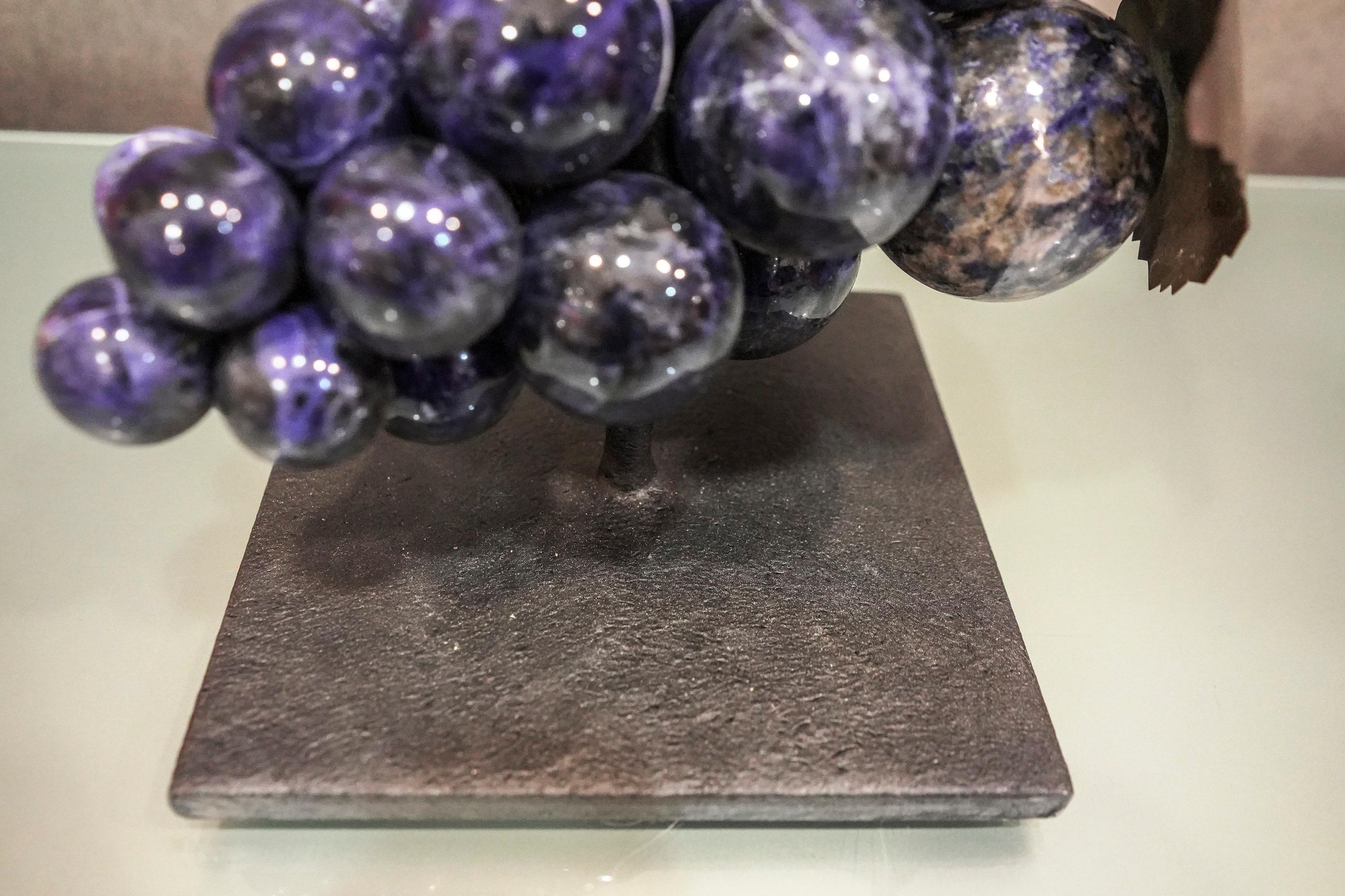Hand-Crafted 20th Century French Stone Semiprecious Lapislazuli and Brass Sculpture of Grapes