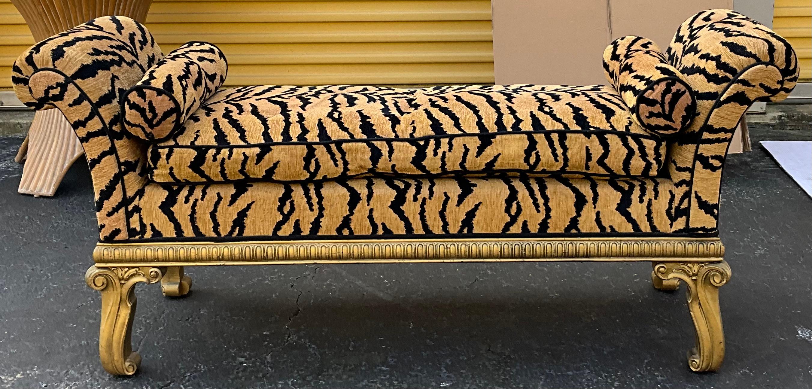 20th Century French Style Carved Giltwood Bench with Tiger Upholstery 7