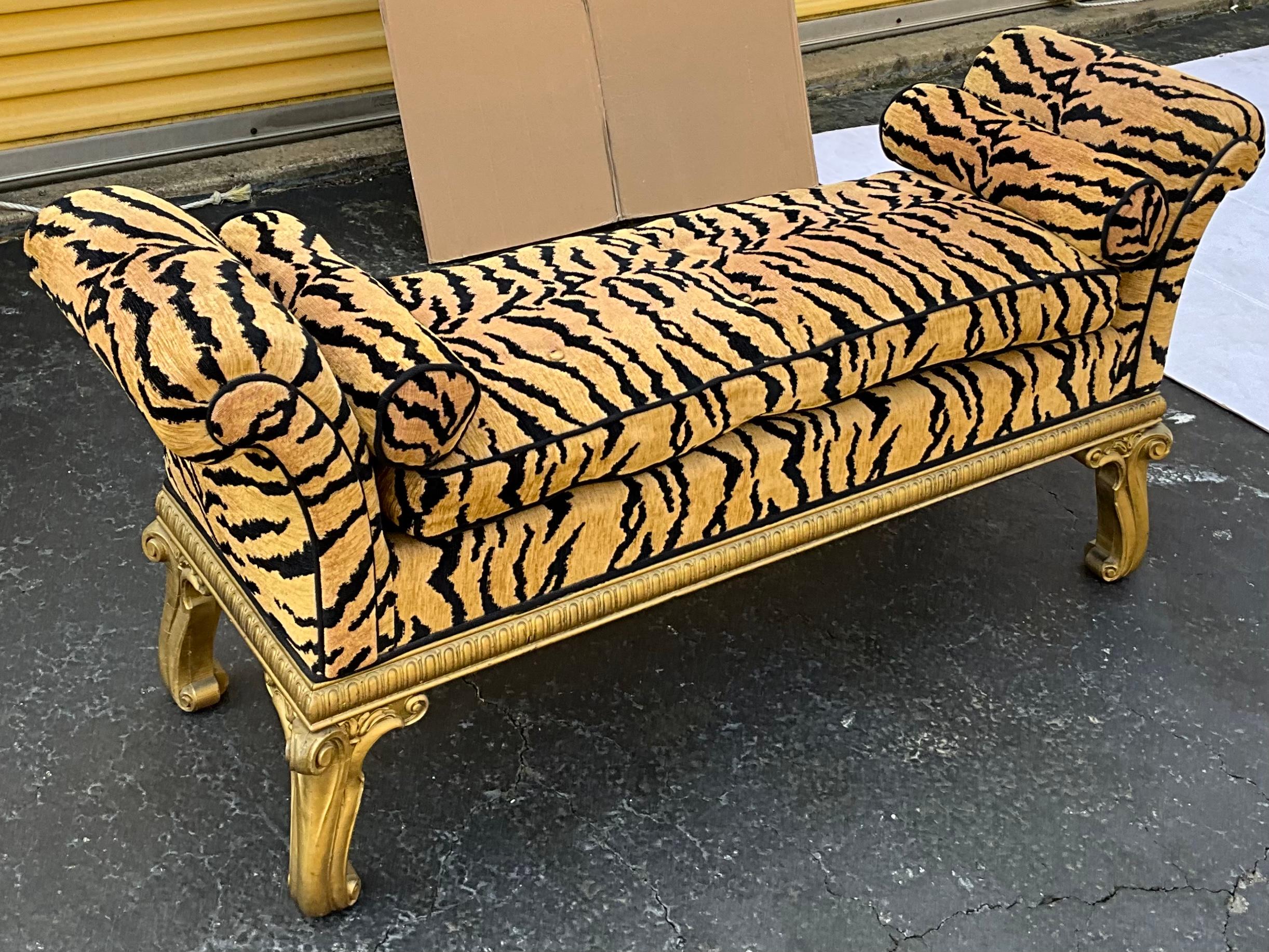 20th Century French Style Carved Giltwood Bench with Tiger Upholstery In Good Condition In Kennesaw, GA