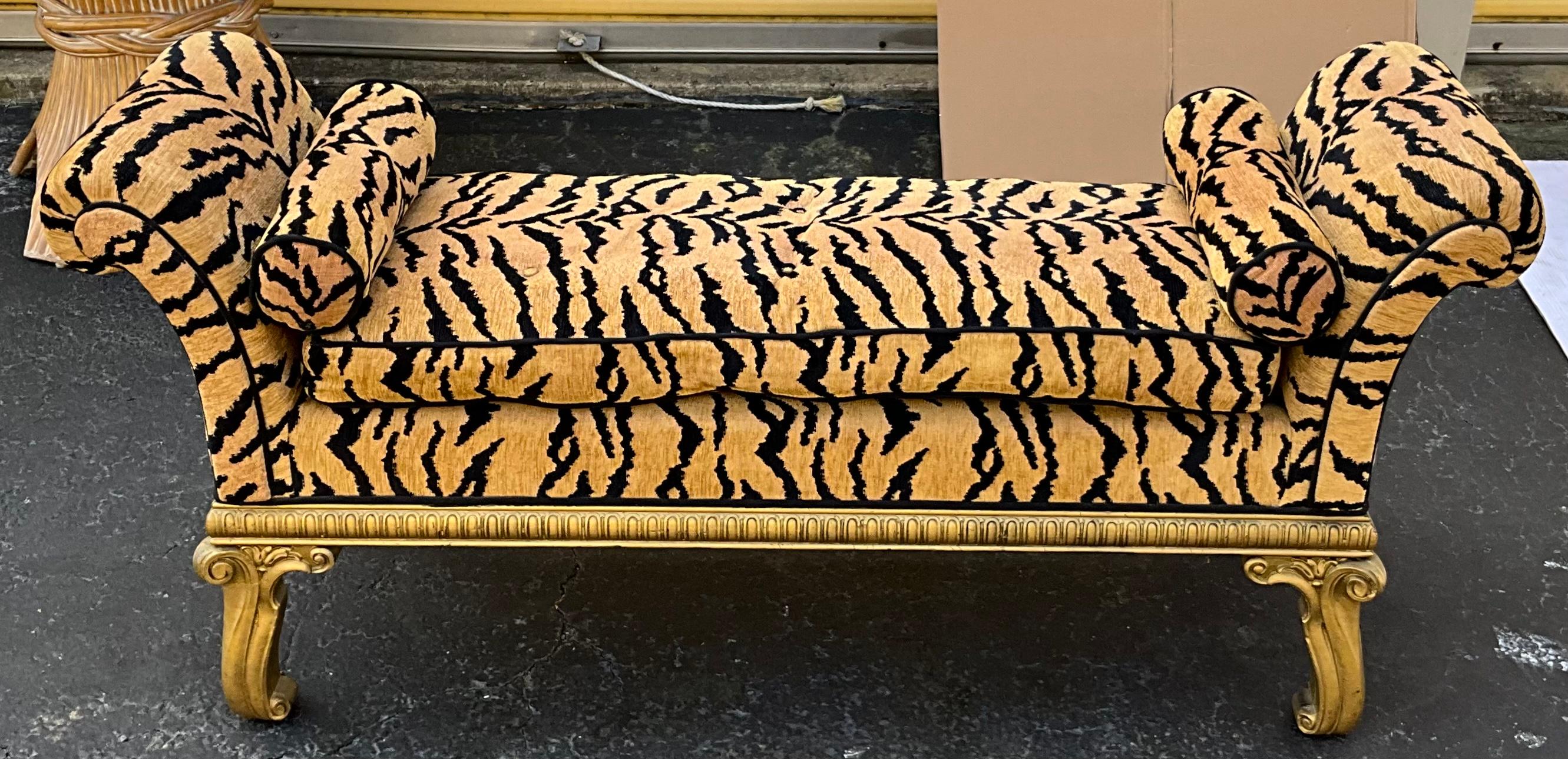 20th Century French Style Carved Giltwood Bench with Tiger Upholstery 1