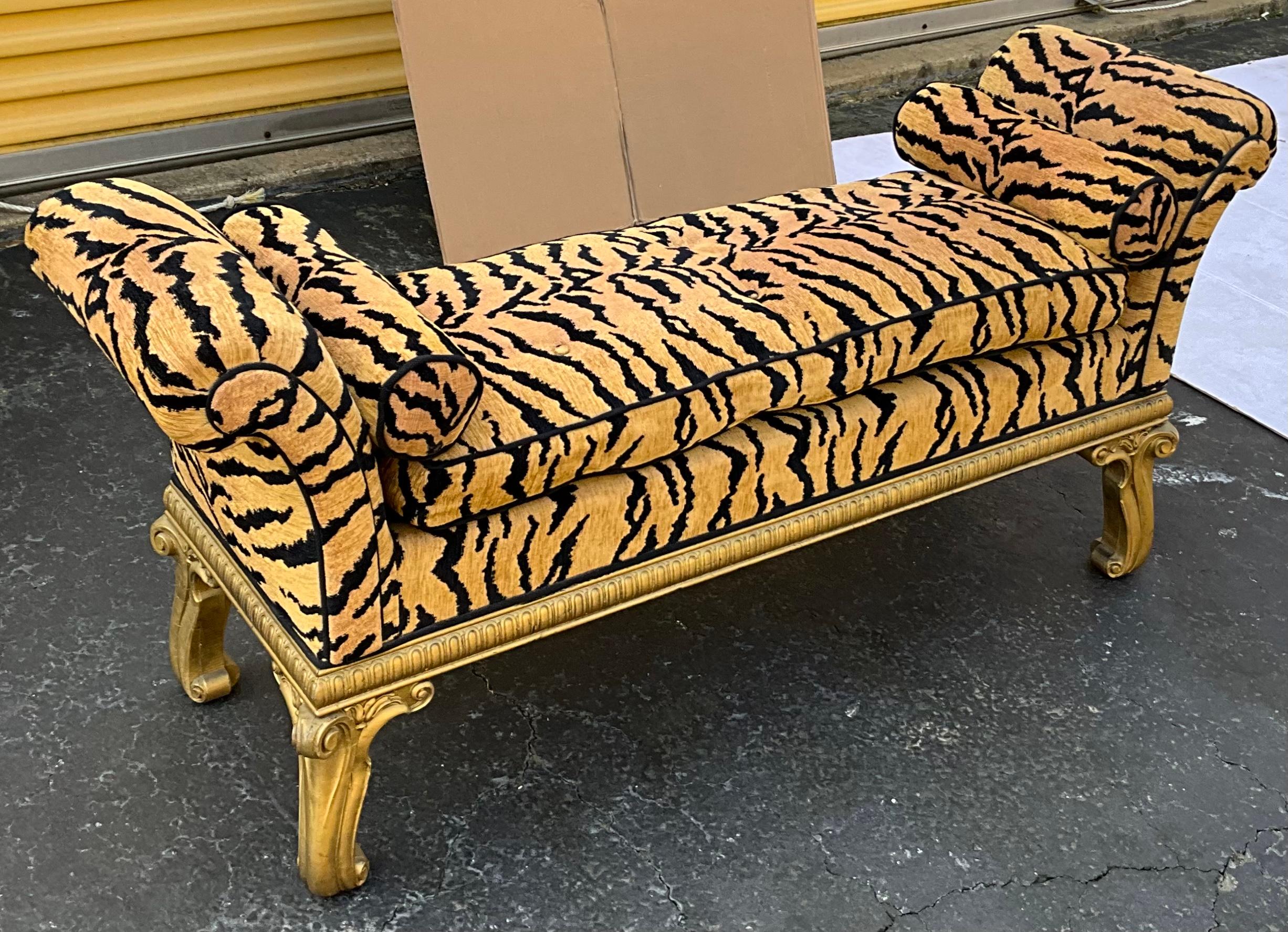 20th Century French Style Carved Giltwood Bench with Tiger Upholstery 2