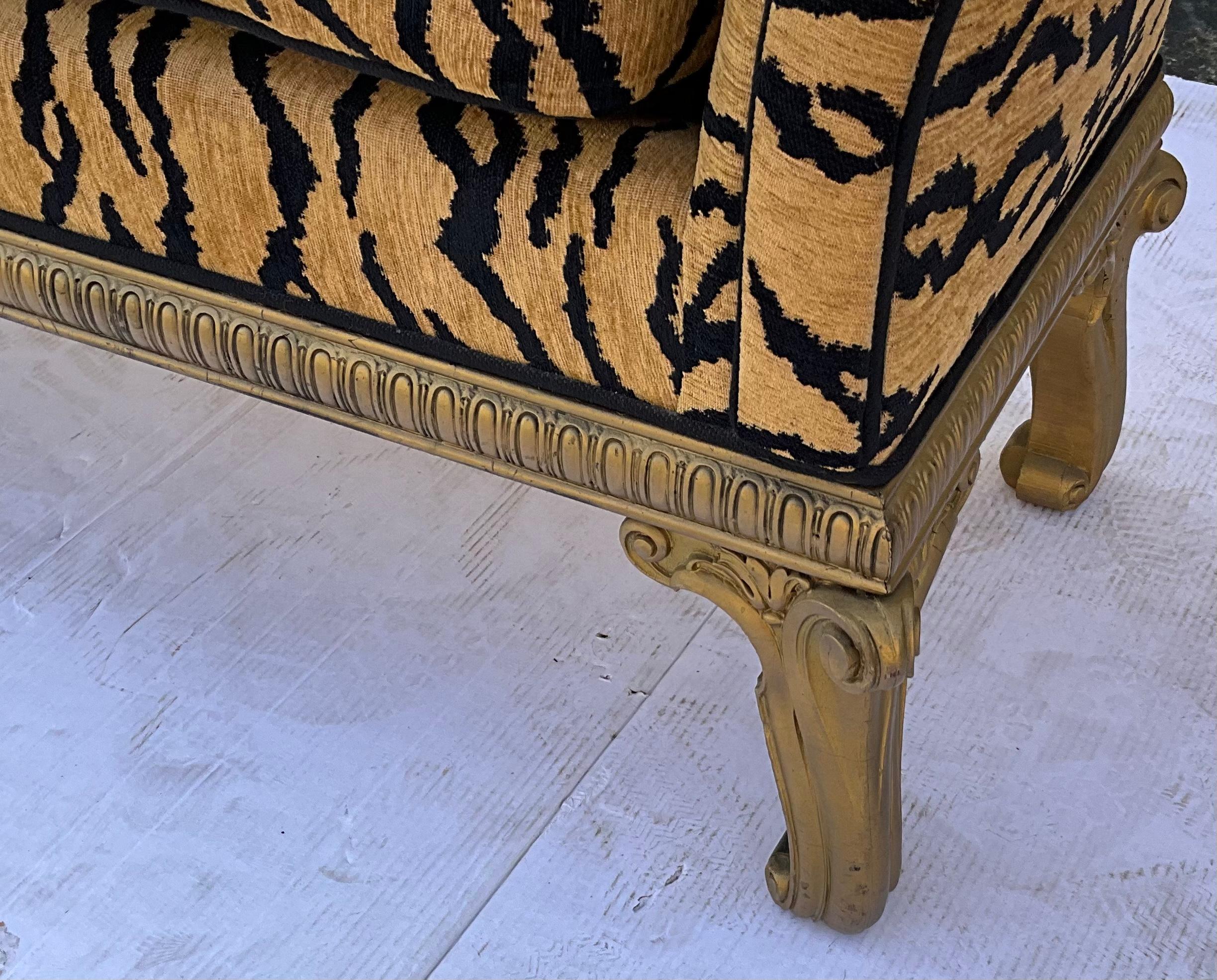 20th Century French Style Carved Giltwood Bench with Tiger Upholstery 4