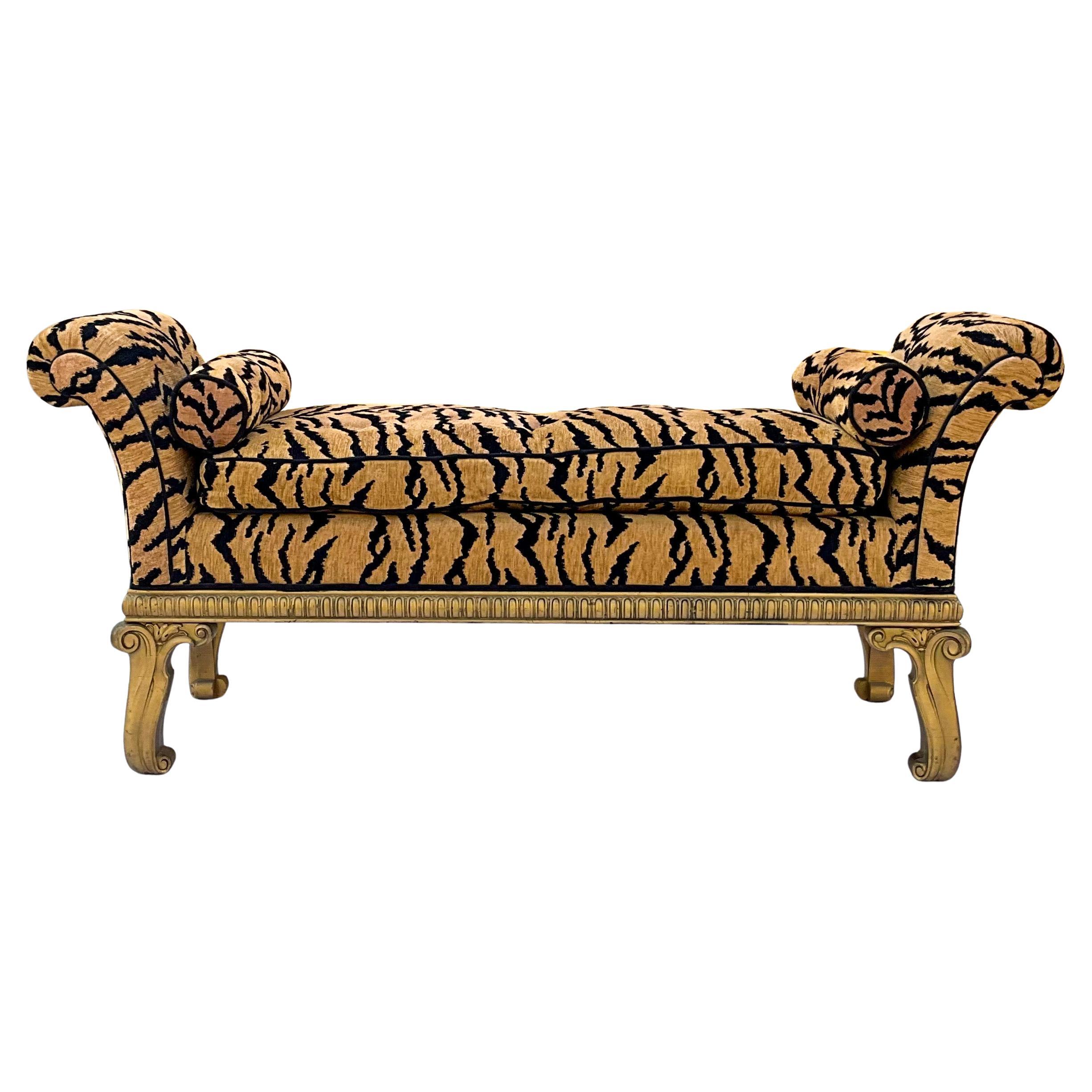 20th Century French Style Carved Giltwood Bench with Tiger Upholstery