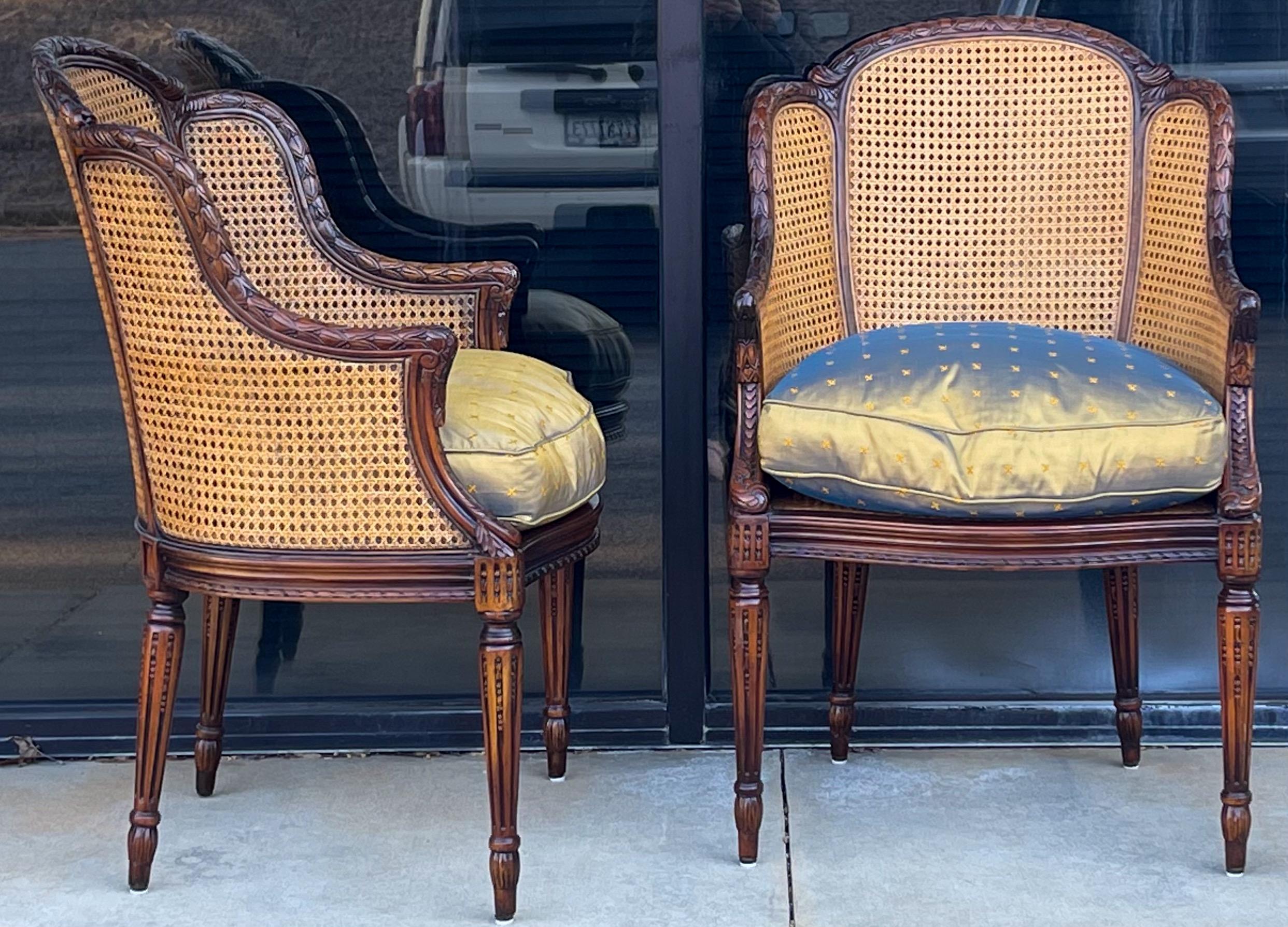 Silk 20th Century French Style Double Cane Chairs By Maitland-Smith, Pair