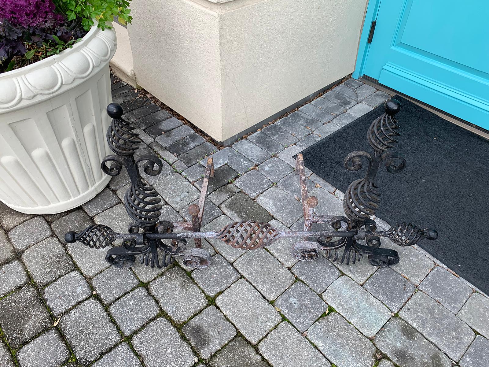 20th Century French Style Handwrought Iron Andirons with Log Roll Bar For Sale 7