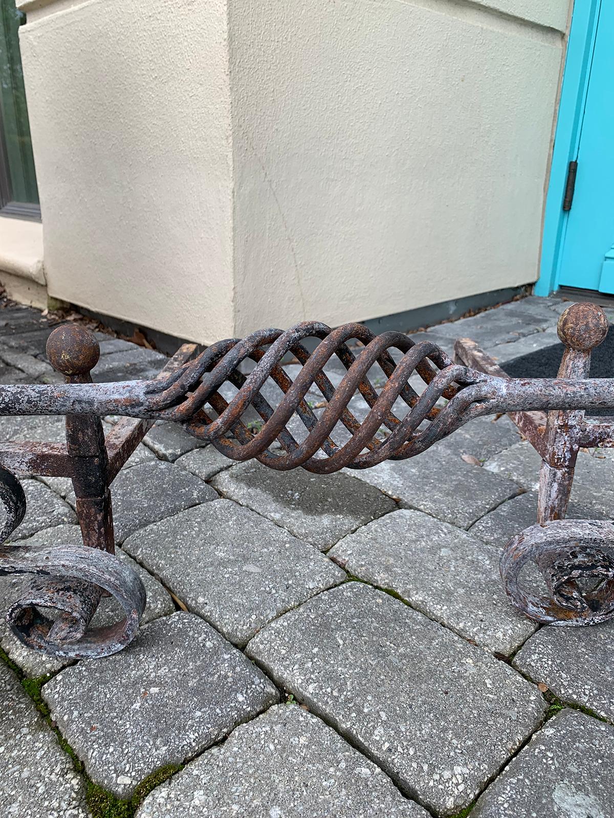20th Century French Style Handwrought Iron Andirons with Log Roll Bar For Sale 10