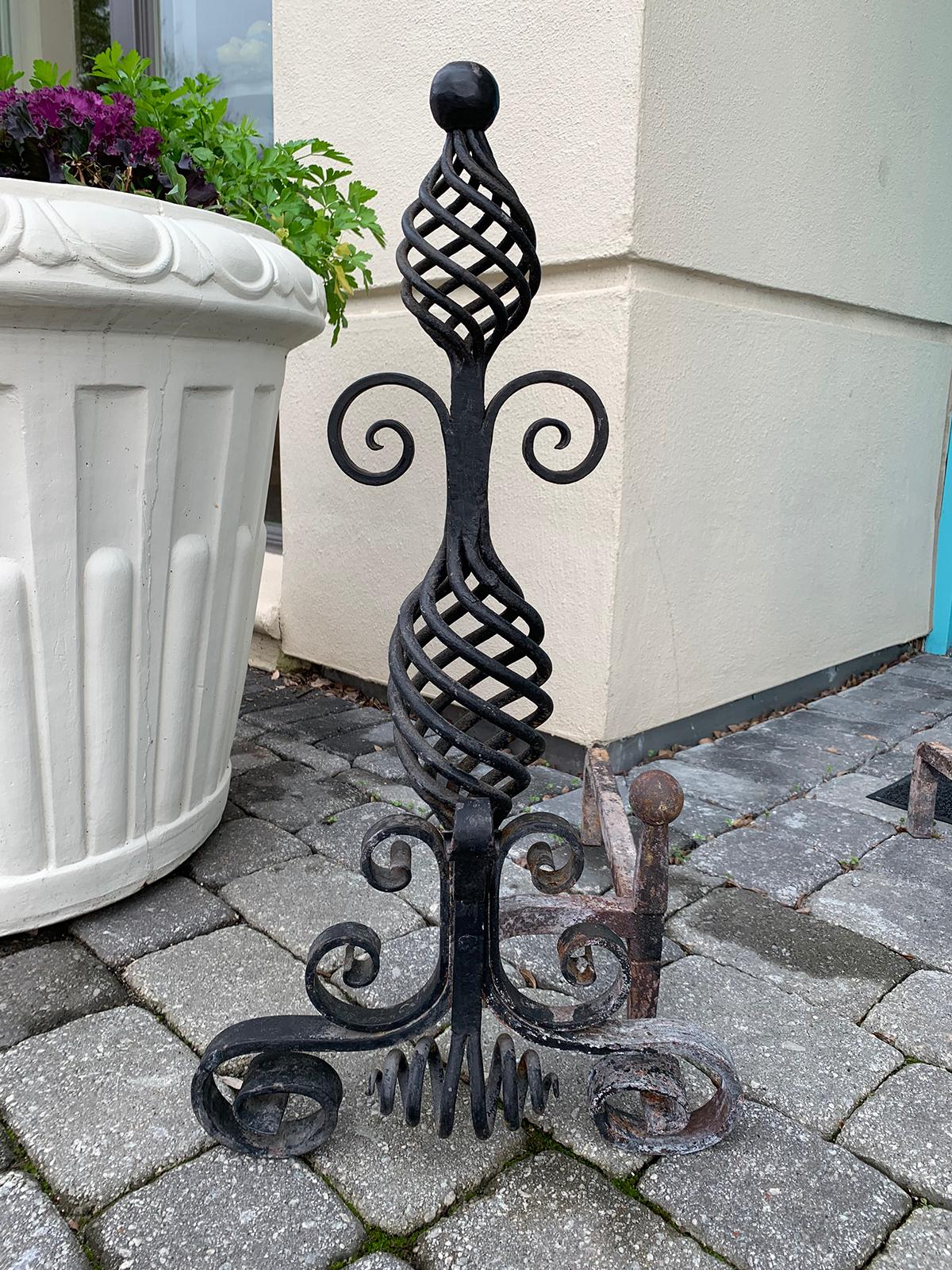 20th Century French Style Handwrought Iron Andirons with Log Roll Bar For Sale 12