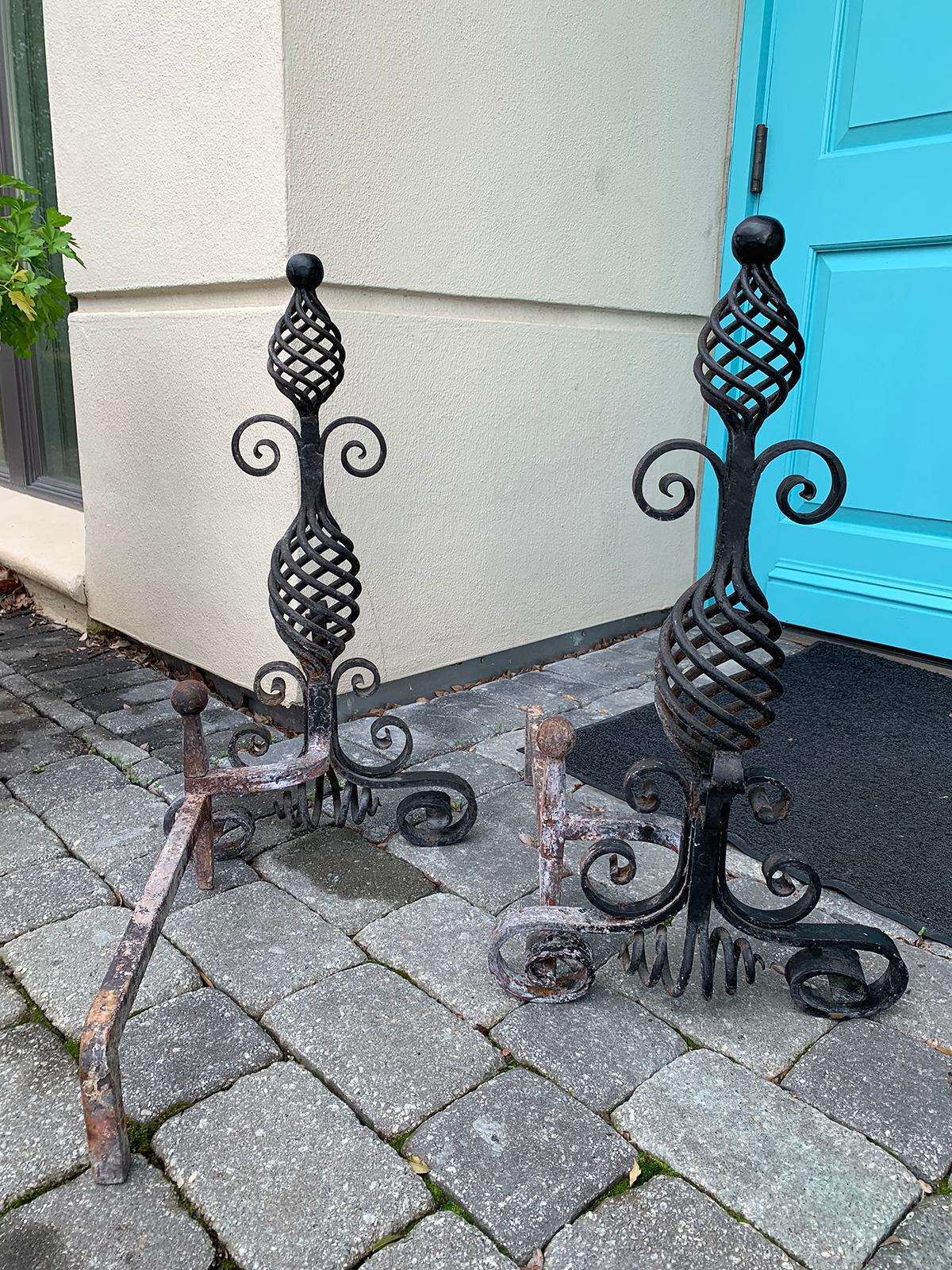 20th Century French Style Handwrought Iron Andirons with Log Roll Bar For Sale 13