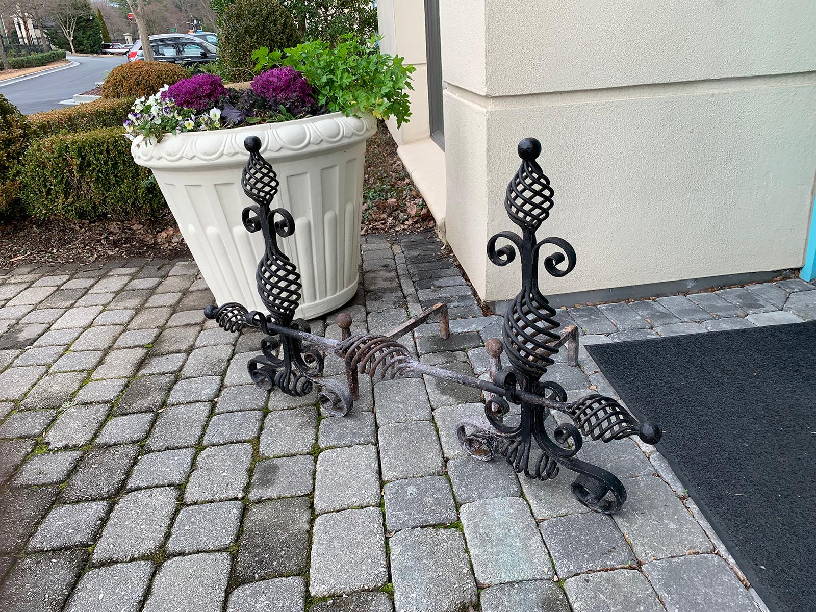 20th Century French Style Handwrought Iron Andirons with Log Roll Bar In Good Condition For Sale In Atlanta, GA