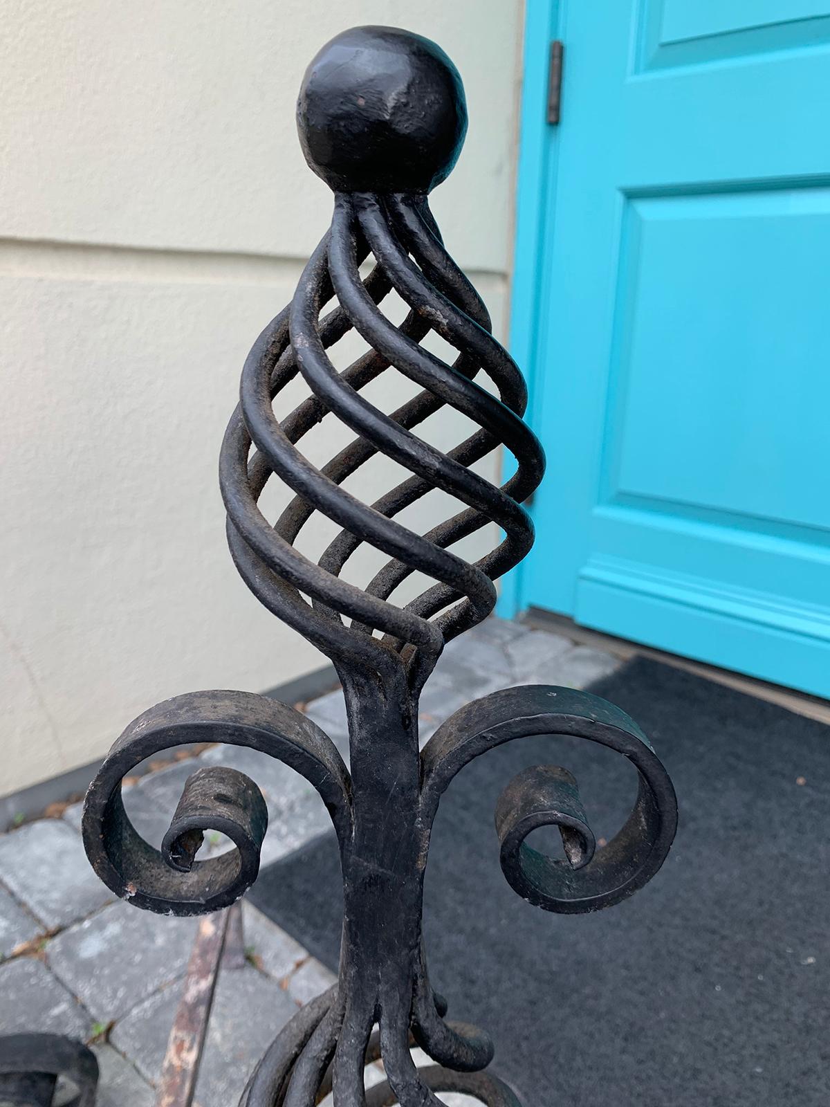 20th Century French Style Handwrought Iron Andirons with Log Roll Bar For Sale 1