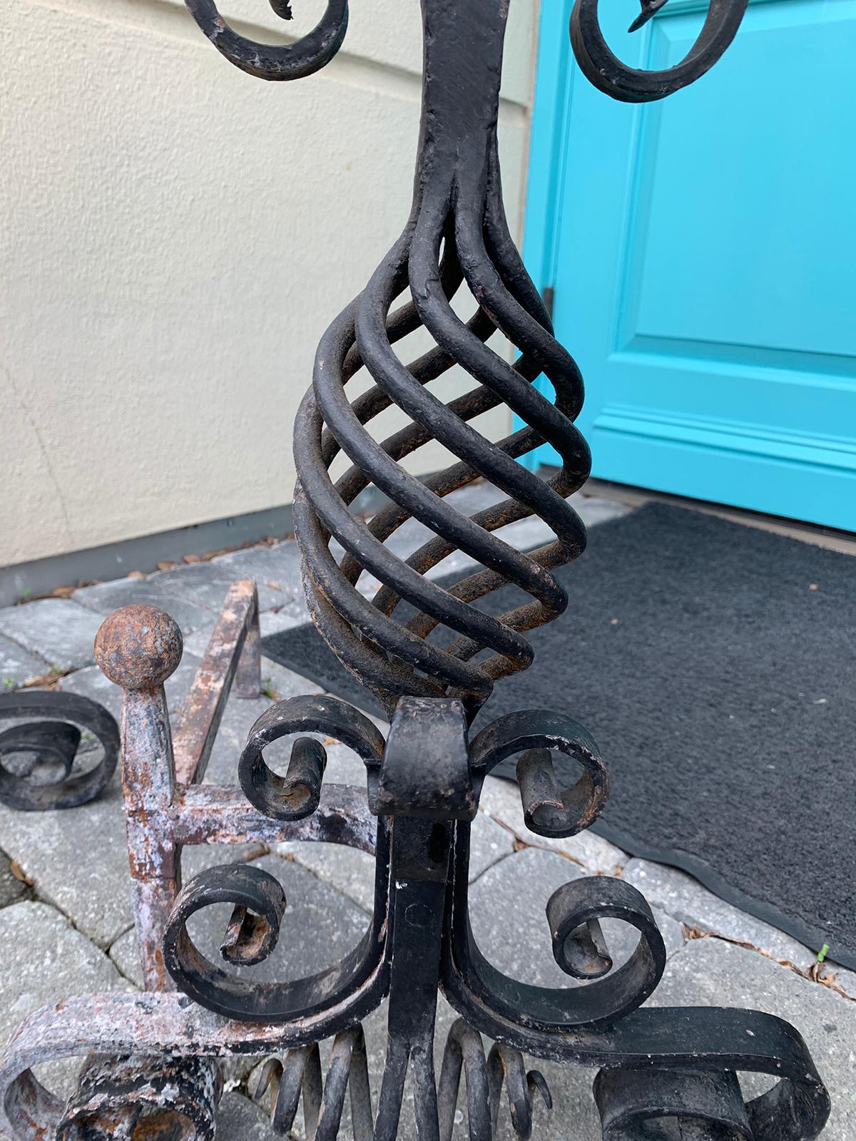 20th Century French Style Handwrought Iron Andirons with Log Roll Bar For Sale 2