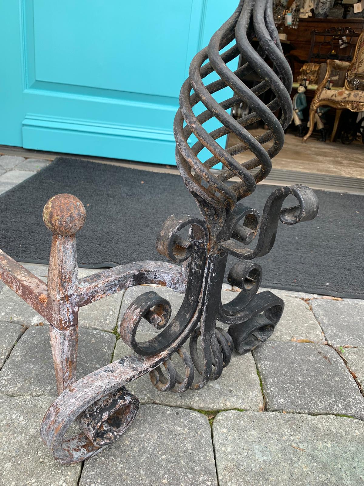 20th Century French Style Handwrought Iron Andirons with Log Roll Bar For Sale 3