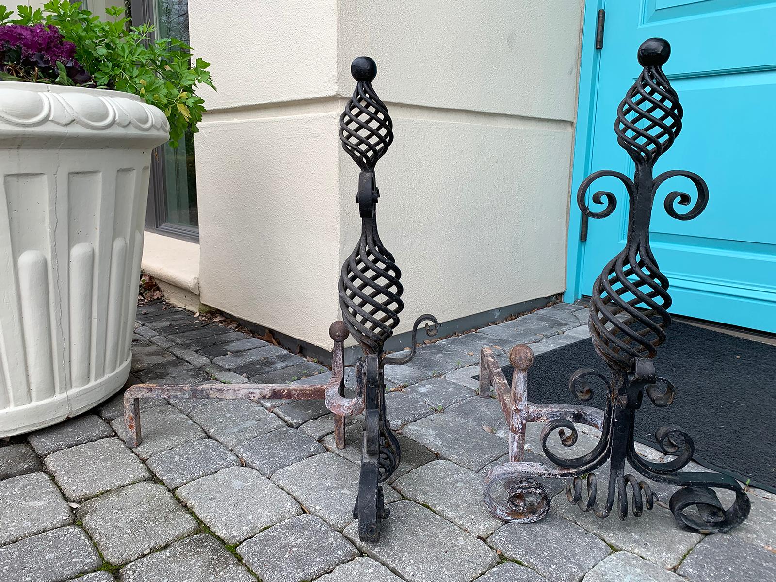 20th Century French Style Handwrought Iron Andirons with Log Roll Bar For Sale 4