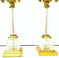 20th Century French Style Pair of Cut Crystal and Gilt Bronze Candelabra Lamps