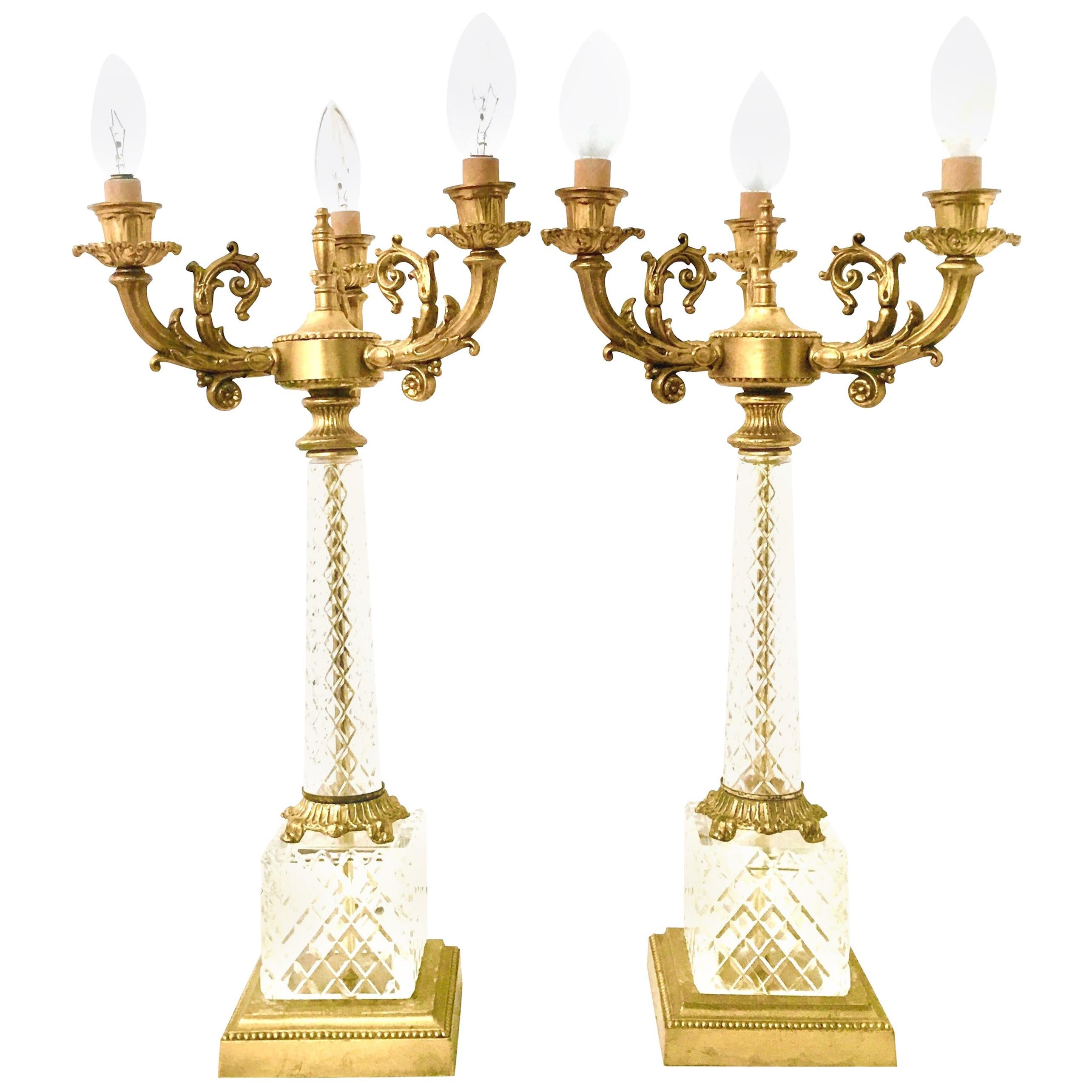 20th Century French Style Pair of Cut Crystal and Gilt Bronze Candelabra Lamps