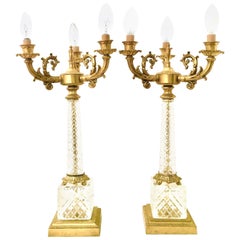 Vintage 20th Century French Style Pair of Cut Crystal and Gilt Bronze Candelabra Lamps