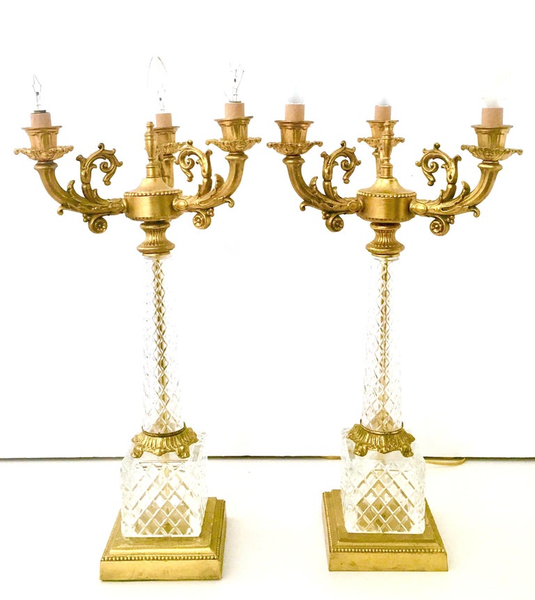 20th Century French Style Pair Of Cut Crystal and Gilt Bronze