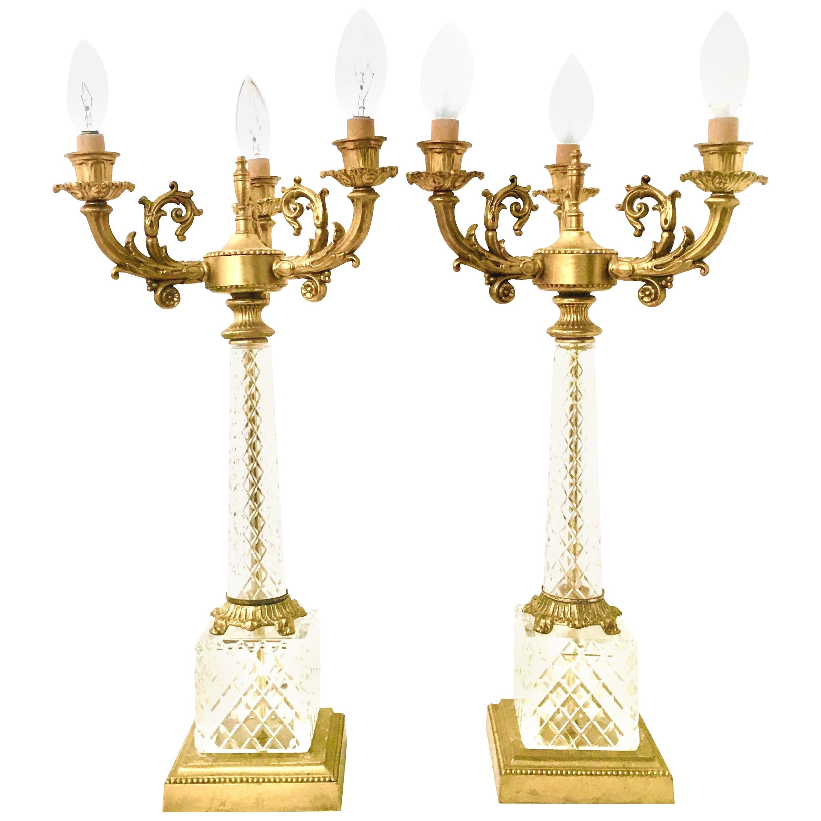 20th Century French Style Pair of Cut Crystal and Gilt Bronze Candelabra Lamps For Sale