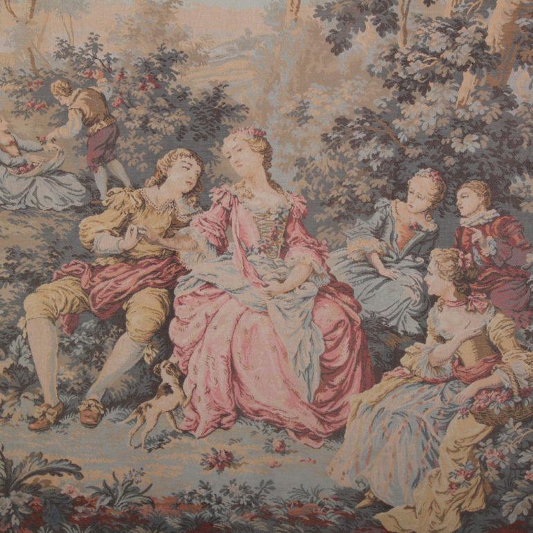 20th century French tapestry. Pastoral woodland scene with many characters – adults and children, circa 1950.

Measures: 50? wide x 61.5? tall.

 