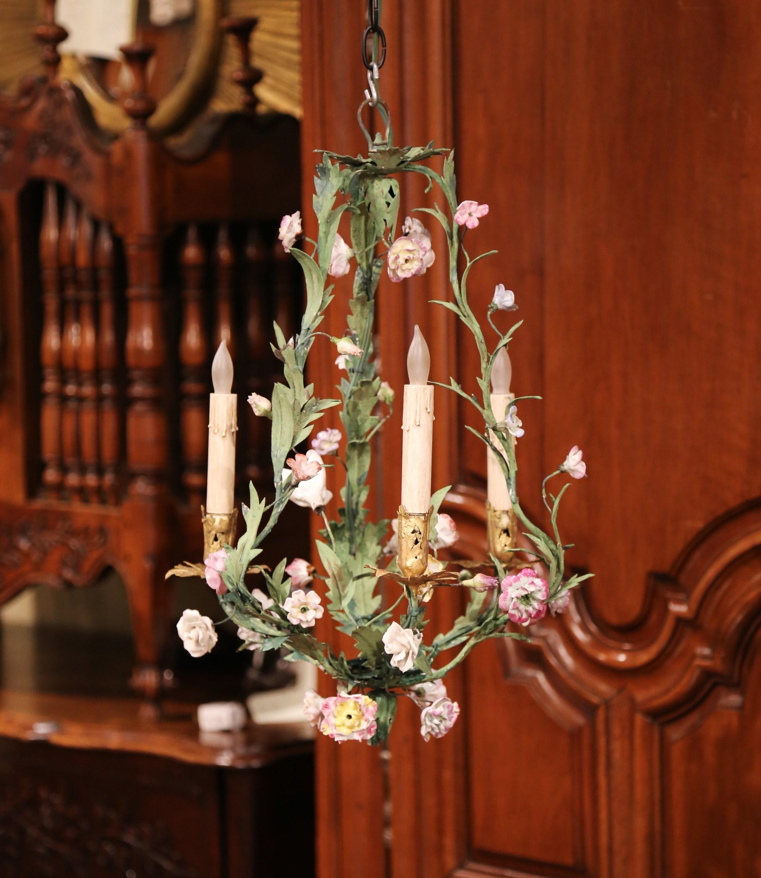20th Century French Three-Light Chandelier with Porcelain Flowers and Leaves 1