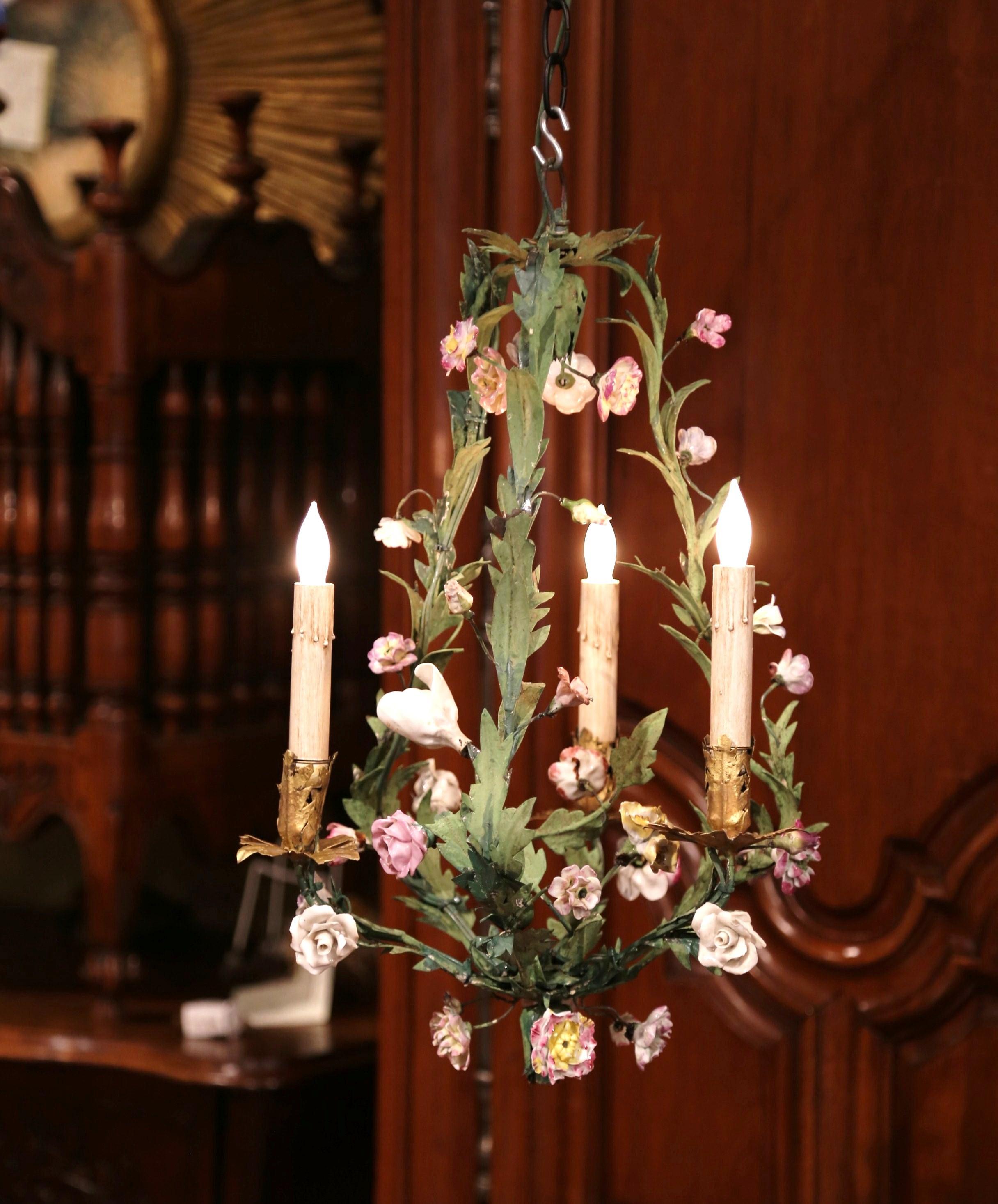 20th Century French Three-Light Chandelier with Porcelain Flowers and Leaves 2