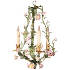20th Century French Three-Light Chandelier with Porcelain Flowers and Leaves