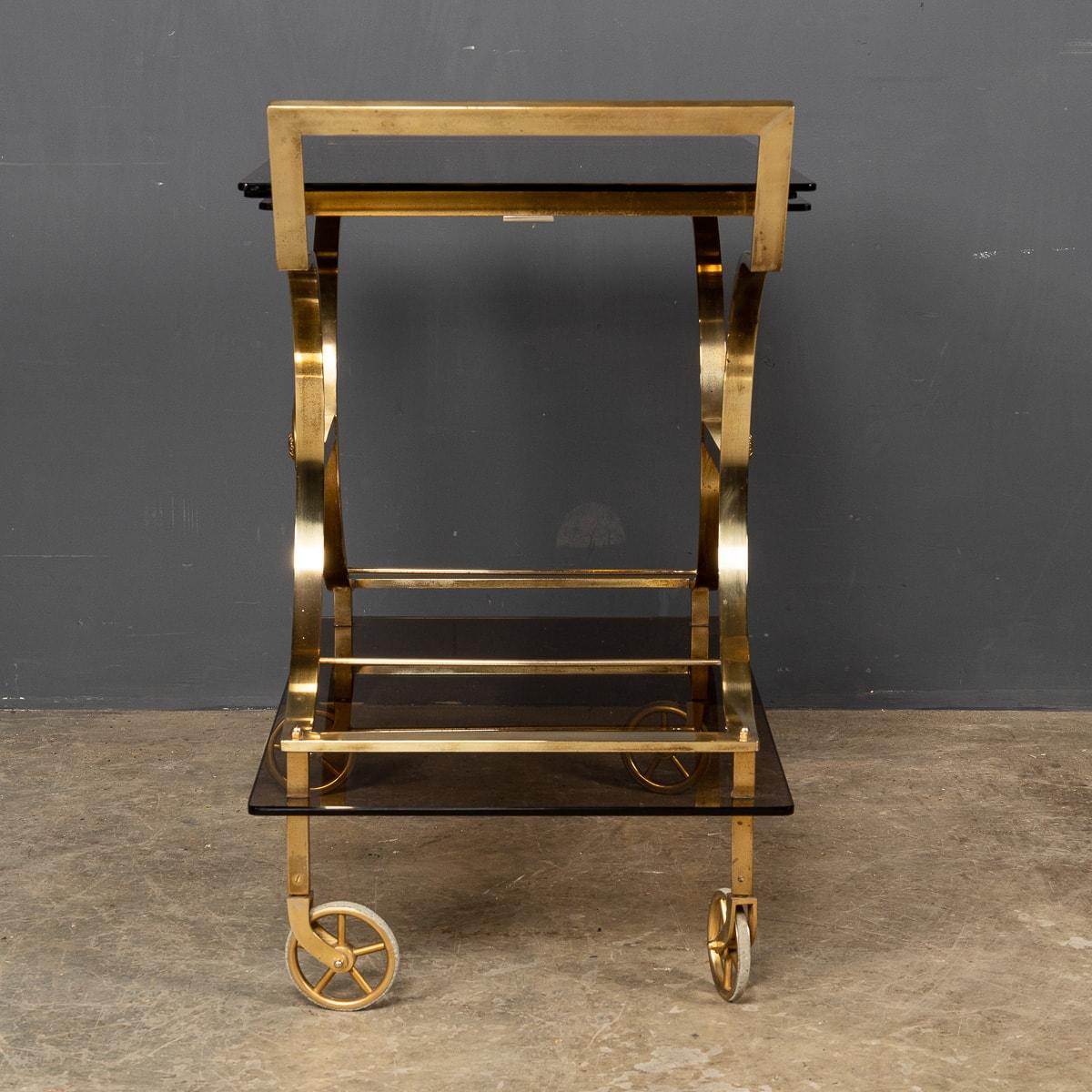 20th Century French Three Tier Brass & Glass Bar Trolley by Maison Bagues For Sale 1