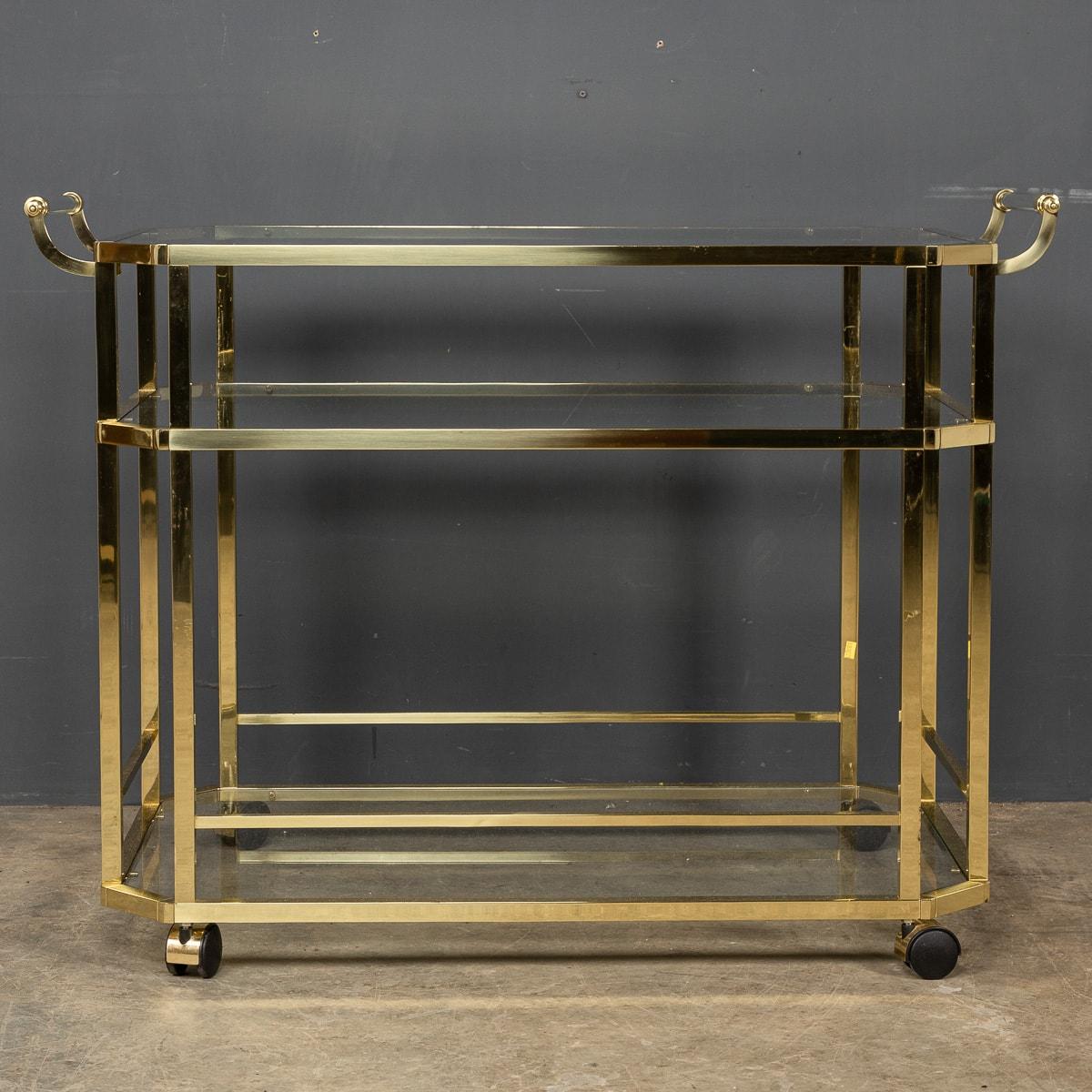 20th Century French Three Tier Brass & Glass Bar Trolley In Good Condition In Royal Tunbridge Wells, Kent