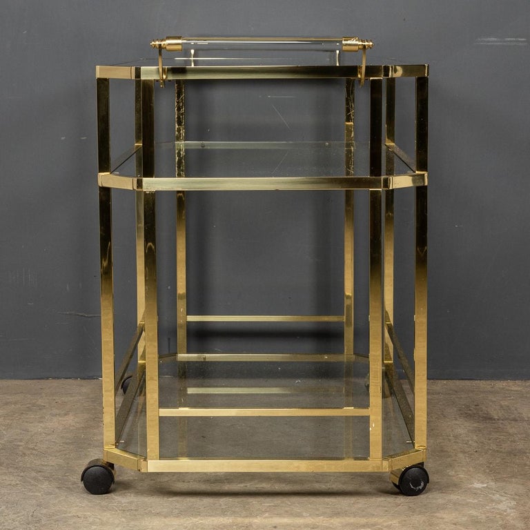 20th Century French Three Tier Brass and Glass Bar Trolley For Sale at