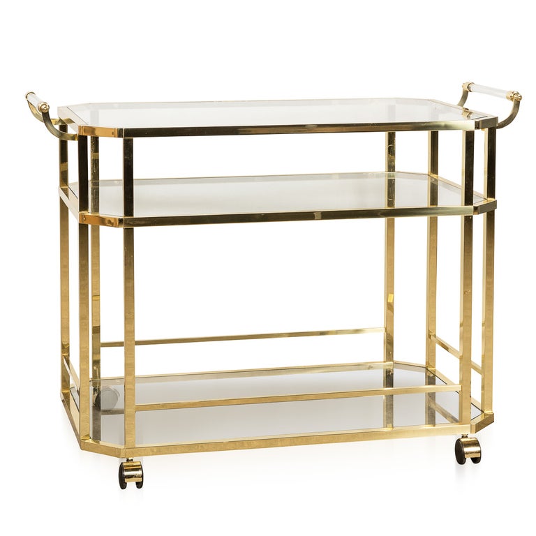 20th Century French Three Tier Brass and Glass Bar Trolley For Sale at