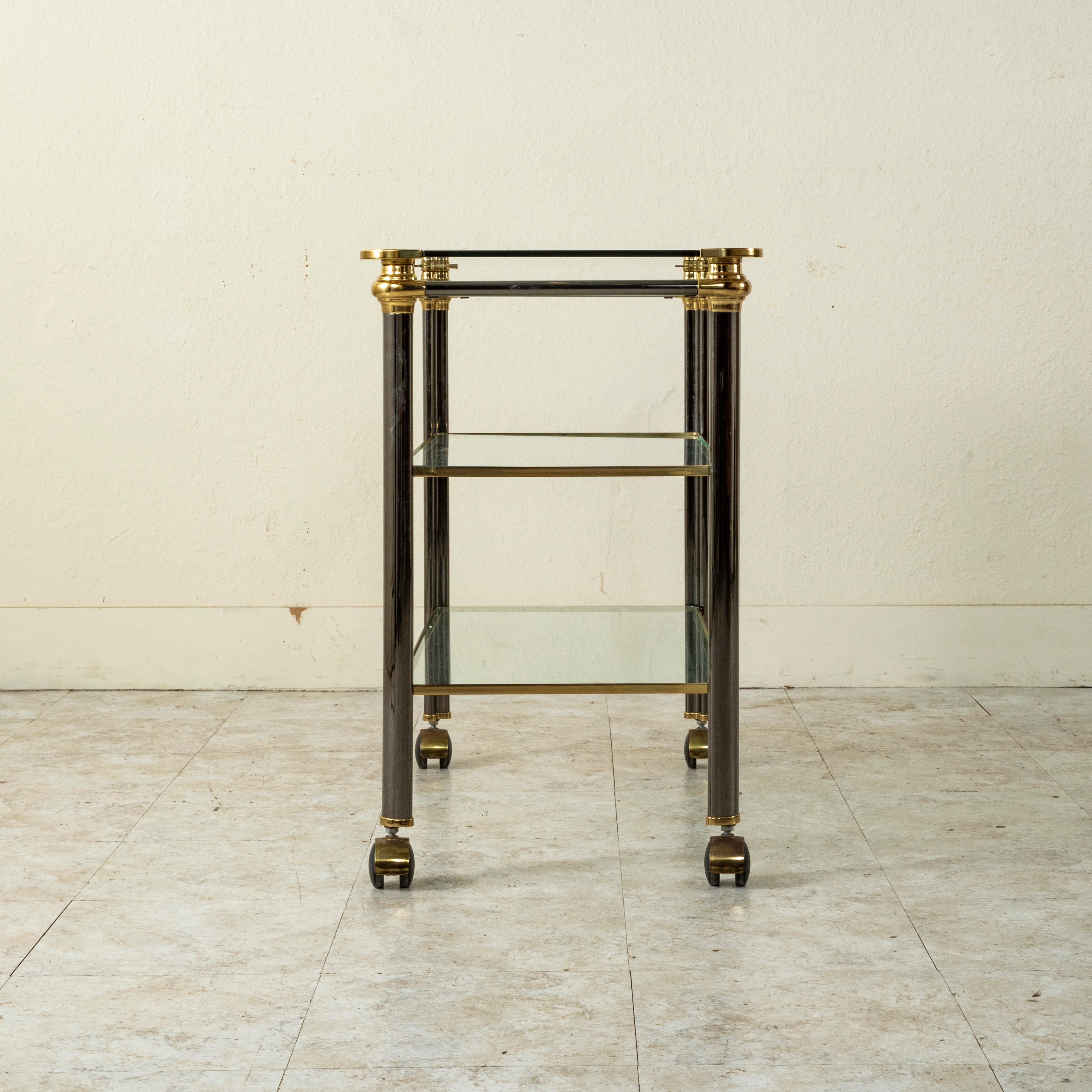 20th Century French Three Tiered Brass, Chrome, and Glass Bar Cart For Sale 1