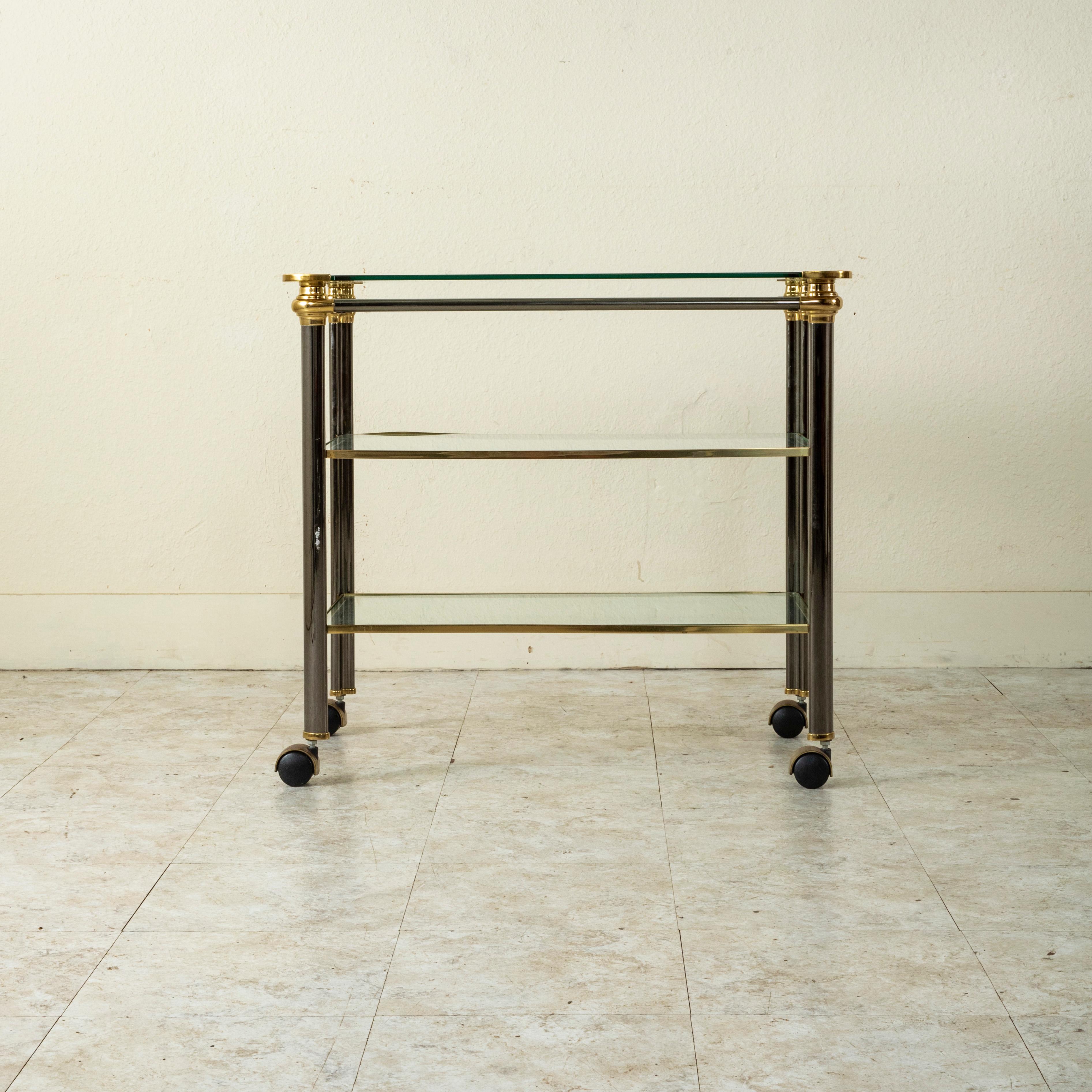 20th Century French Three Tiered Brass, Chrome, and Glass Bar Cart For Sale 2