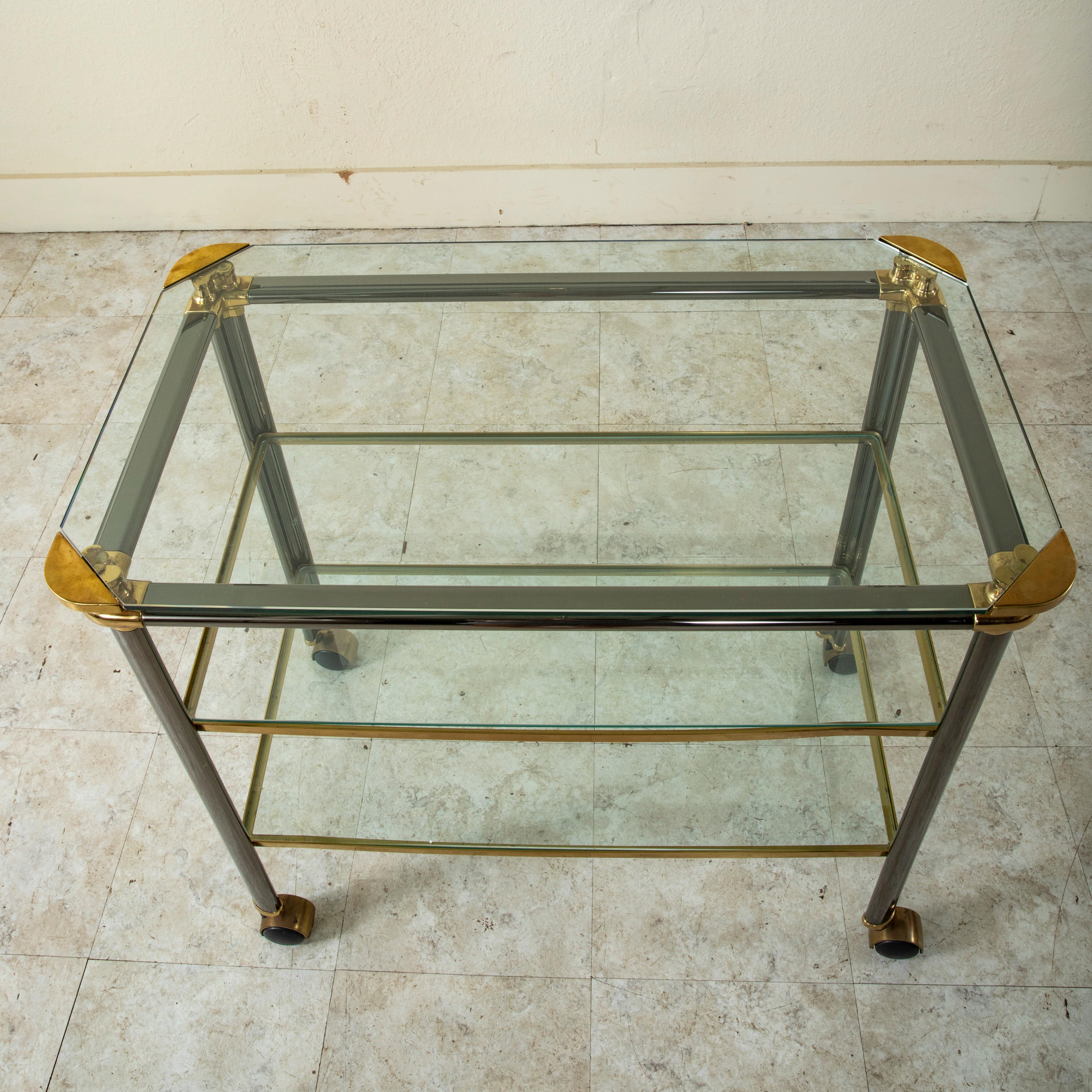 20th Century French Three Tiered Brass, Chrome, and Glass Bar Cart For Sale 4